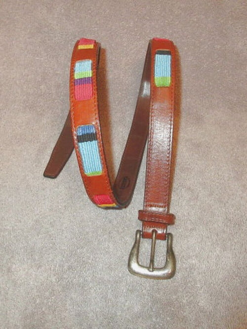 Fossil Leather Woven Tapestry Belt Size L Rainbow Piecework Boho Hippie Western